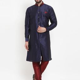 Benstoke Men Navy Blue & Maroon Solid Silk Sherwani Set-22