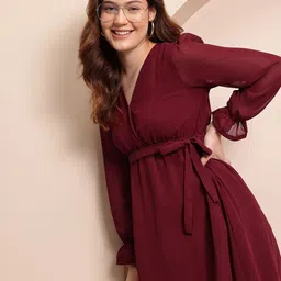 Mast & Harbour Puff Sleeves Wrap-Style Georgette A-Line Dress with Belt-picture-4