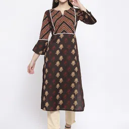 Indibelle Women Coffee Brown Ethnic Motifs Printed Panelled A-Line Pure Cotton Kurta Set-picture-18