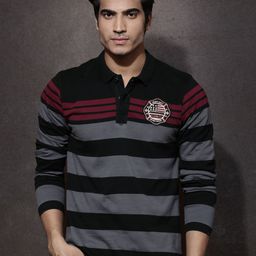 Roadster Men Black & Grey Striped Polo Pure Cotton T-shirt-image-63