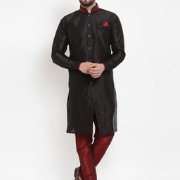 Benstoke Men Black & Maroon Solid Silk Sherwani Set-image-89