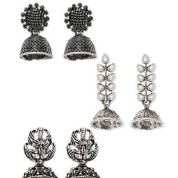 Mahi Set Of 3 Silver-Toned Rhodium-Plated Dome Shaped Jhumkas-image-32