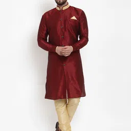 Benstoke Men Maroon & Beige Solid Sherwani Set-image-40