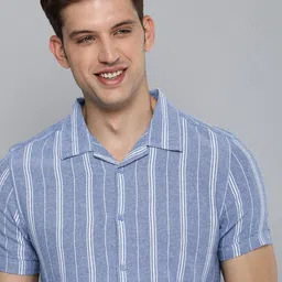 HERE&NOW Men Slim Fit Opaque Striped Cuban Collar Casual Shirt-picture-14
