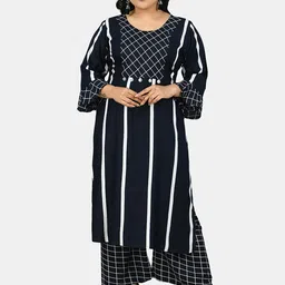 PrettyPlus by Desinoor.com Women Navy Blue Striped Regular Straight Kurta & Palazzos-image-45