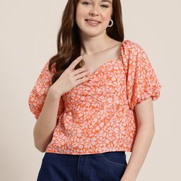 HERE&NOW Floral Print Sweetheart Neck Styled Back Top-29