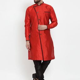 Benstoke Men Red & Black Solid Silk Sherwani & Churidar set-33