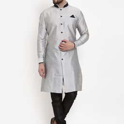 Benstoke Men Silver-Coloured & Black Solid Silk Sherwani & Churidar set-image-43