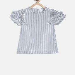 MINI KLUB Girls Grey & White Striped A-Line Pure Cotton Top-picture-15