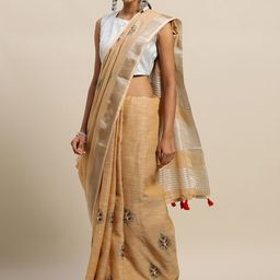 SANGAM PRINTS Peach-Coloured & Silver-Toned Linen Blend Handloom Embroidered Kota Saree-image-88