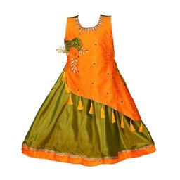 Wish Karo Girls Orange & Olive Green Colourblocked  Maxi Dress-image-3