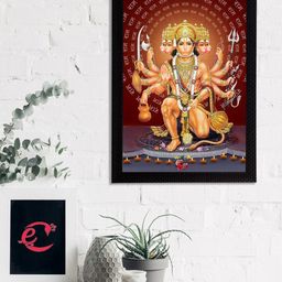 eCraftIndia Brown & Orange Panch Mukhi Lord Hanuman Satin Matt Texture Framed UV Wall Art Painting-image-90