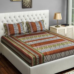 SWAYAM Rust & Beige Geometric 240 TC Cotton Double Queen Bedsheet with 2 Pillow Covers-23