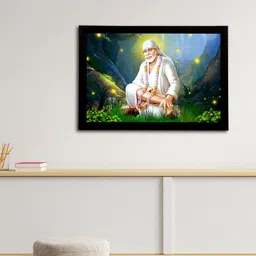 eCraftIndia Green & Blue Sai Baba Satin Matt Texture Framed UV Wall Art Painting-image-96