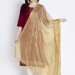 Clora Creation Women Beige & Gold-Coloured Striped Kota Dupatta-image-83