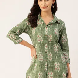 FERANOID Floral Print Roll-Up Sleeves Pure Cotton Shirt Style Longline Top-image-94