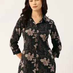 FERANOID Floral Print Roll-Up Sleeves Pure Cotton Shirt Style Longline Top-image-83