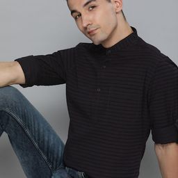 HERE&NOW Men Navy Blue & Black Slim Fit Striped Casual Shirt-image-61