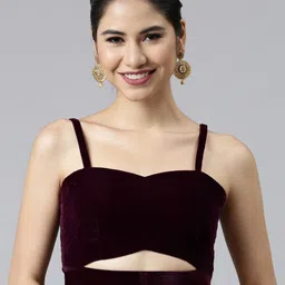 flaher Burgundy Solid Velvet Padded Blouse-image-55
