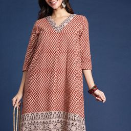 Taavi Chevron Kalamkari Hand Block Print V-Neck Pure Cotton A-Line Ethnic Dress-10