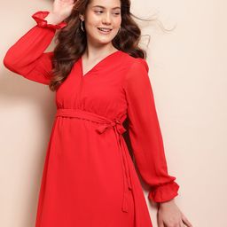 Mast & Harbour Puff Sleeves Wrap-Style Georgette A-Line Dress with Belt-picture-8