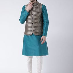 KISAH Men Teal & Off-White Solid Kurta with Churidar & Nehru Jacket-27