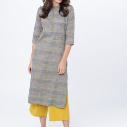 Vishudh Women Grey & Yellow Striped Straight Kurta-picture-29