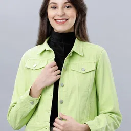 Tokyo Talkies Women Green Solid Crop Denim Jacket-11