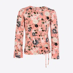 CUTECUMBER Girls Peach-Coloured Floral Printed Round Neck T-shirt-image-52