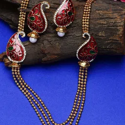 ANIKAS CREATION Gold-Plated Maroon & Green 2 Side-Carry Shape Broch Meenakari Jewellery Set-60