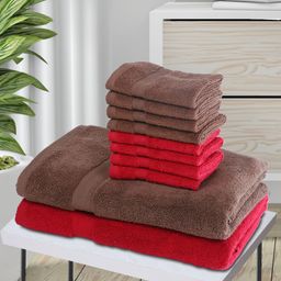 BIANCA Set Of 10 Red & Brown Solid 500 GSM Cotton Towels Set-image-74