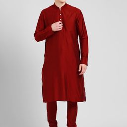 KISAH Men Red Solid Banarasi Straight Kurta-image-57