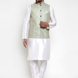 Jompers Men Off-White & Blue Solid Kurta with Churidar & Nehru Jacket-picture-36