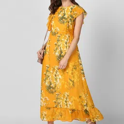 StyleStone Women Floral Print Yellow Maxi Dress with Ruffle Detail-image-75