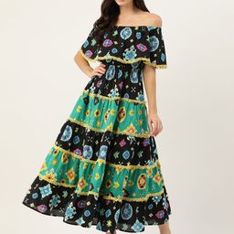 MISRI Geometric Print Off-Shoulder Flared Sleeves A-Line Midi Dress-image-71