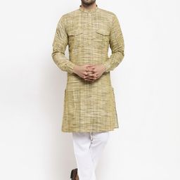 KLOTTHE Men Green & Off-White Woven Design Kurta with Pyjamas-picture-13
