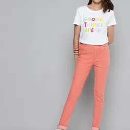 JUSTICE Girls Peach-Coloured Solid Jeggings-image-74