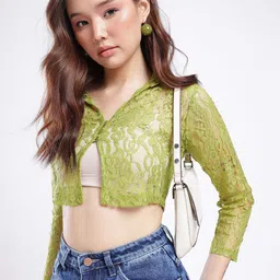 glitchez Shirt Style Sheer Lace Crop Top-34