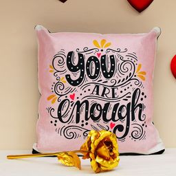 Archies Love Gifts Set of 2 Valentines Day Special Printed Cushion & Golden Rose Gift Set-image-82