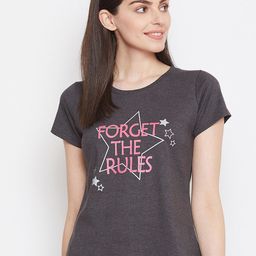 Clovia Women Grey & Pink Printed Lounge T-Shirt-image-12