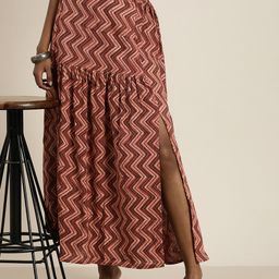 Taavi Women Bagru Chevron Printed Pure Cotton A-Line High-Slit Skirt-image-82