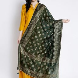 Clora Creation Green & Gold-Colored Printed Silk Dupatta-4