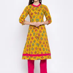 Indibelle Women Yellow & Pink Floral Printed Regular A-Line Pure Cotton Kurta & Trousers-picture-22