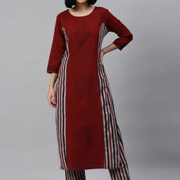 KSUT Women Maroon & Grey Striped Kurta with Trousers-picture-12