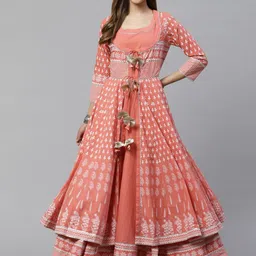 Divena Women Peach-Coloured & White Printed Anarkali Kurta with Ethnic Jacket-picture-0