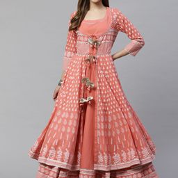 Divena Women Peach-Coloured & White Printed Anarkali Kurta with Ethnic Jacket-20