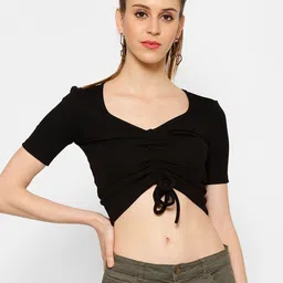 KASSUALLY Women Black short sleeve drawstring crop Top-image-26