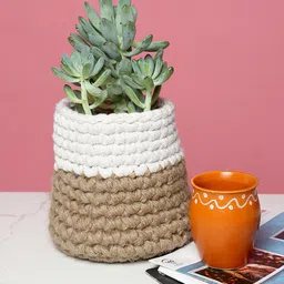 HABERE INDIA White & Brown Woven-Design Sustainable Planter-image-73
