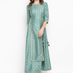 Janasya Women Green & Gold-Toned Printed Maxi Dress-picture-21