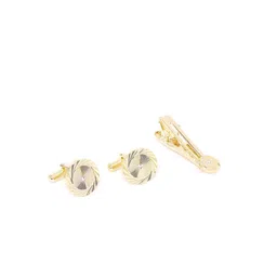 D.C Creation Men Gold-Plated Artificial Stone-Studded Circular Cufflinks & Tie Pin-4